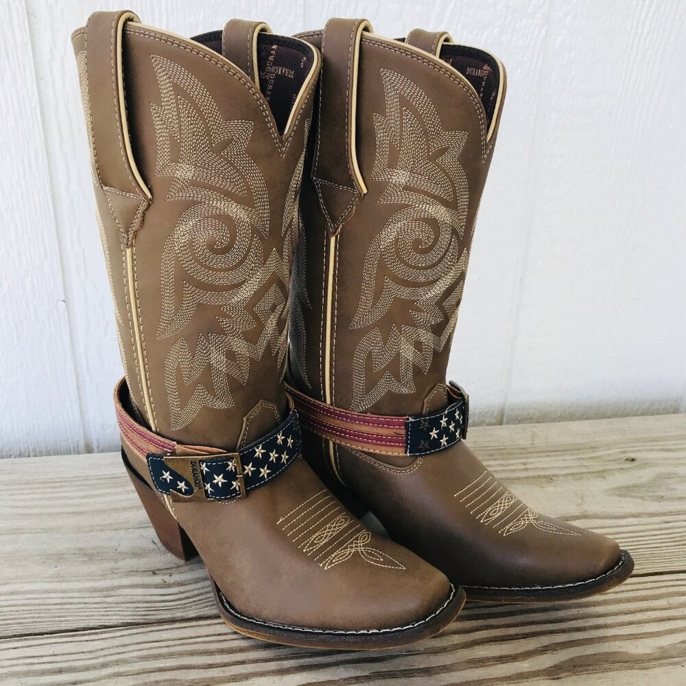 Western Brown Leather Cowboy Boots with American Flag Harness